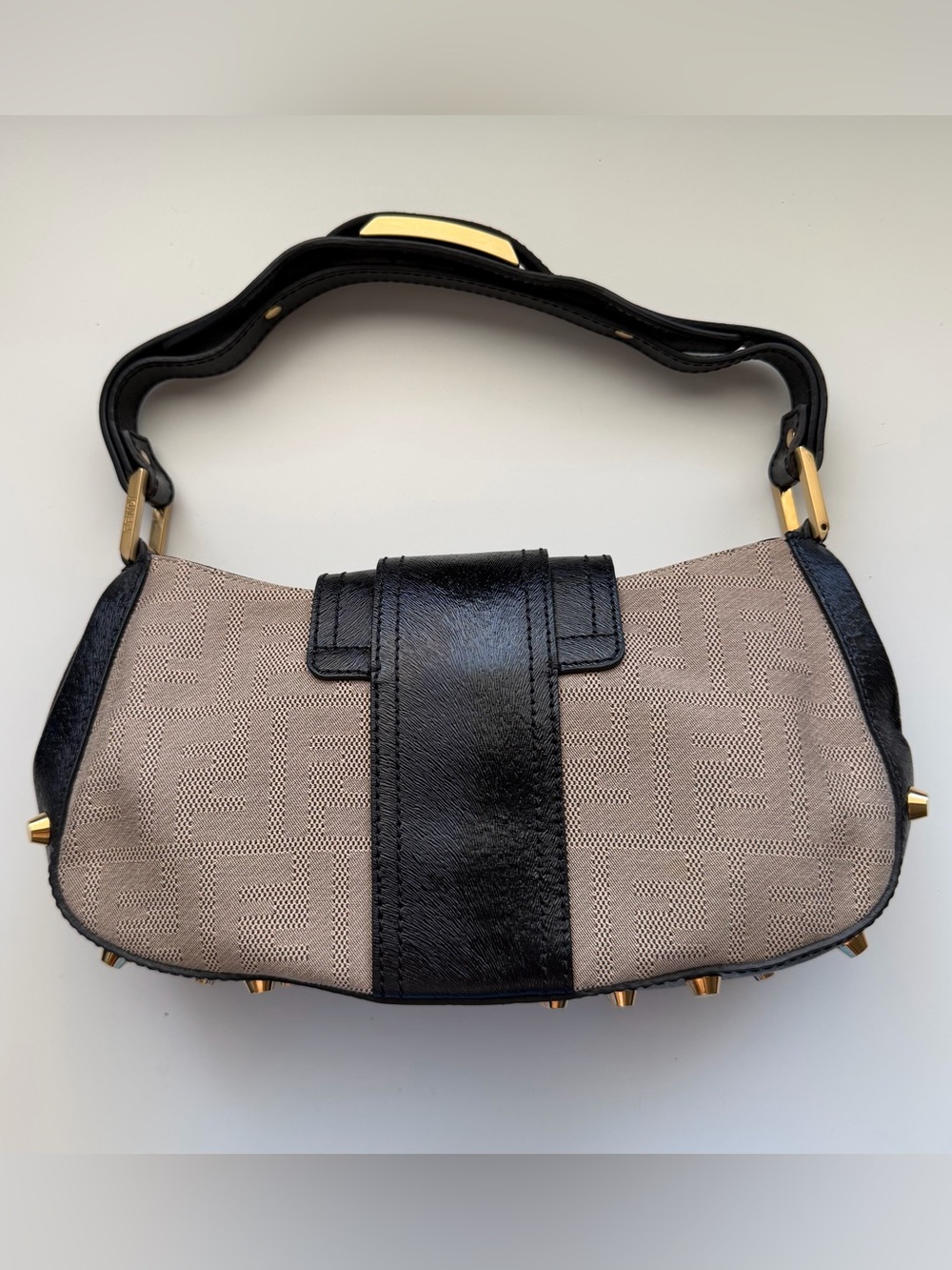 Fendi Zucca Shadow Black Leather Studded Shoulder Bag - Picture 3 of 8